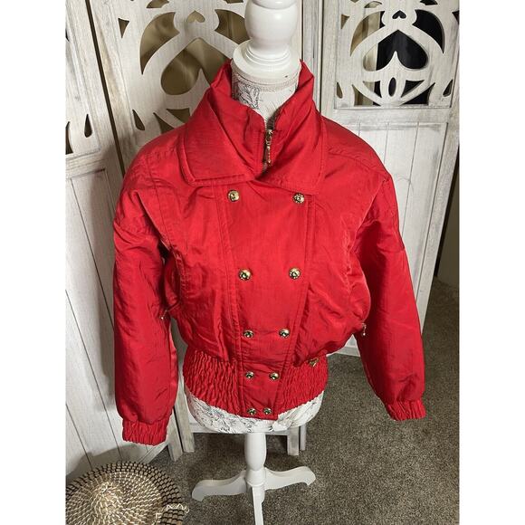 Vintage FERA Women's Bright Red Cropped Jacket Ski Snowboard Gold Button Sz 6 - Picture 1 of 8